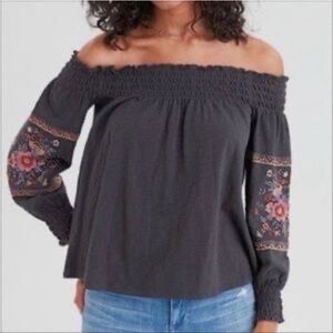 American Eagle Dark Grey Off Shoulder Smocked Embroidered Floral Sleeves XS